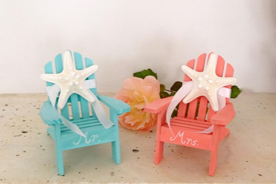 زفاف - Beach Wedding Cake Topper - 2 Mini Adirondack Chairs with Starfish -  6 Chair Colors and 23 Ribbon Choices Mr.and Mrs.