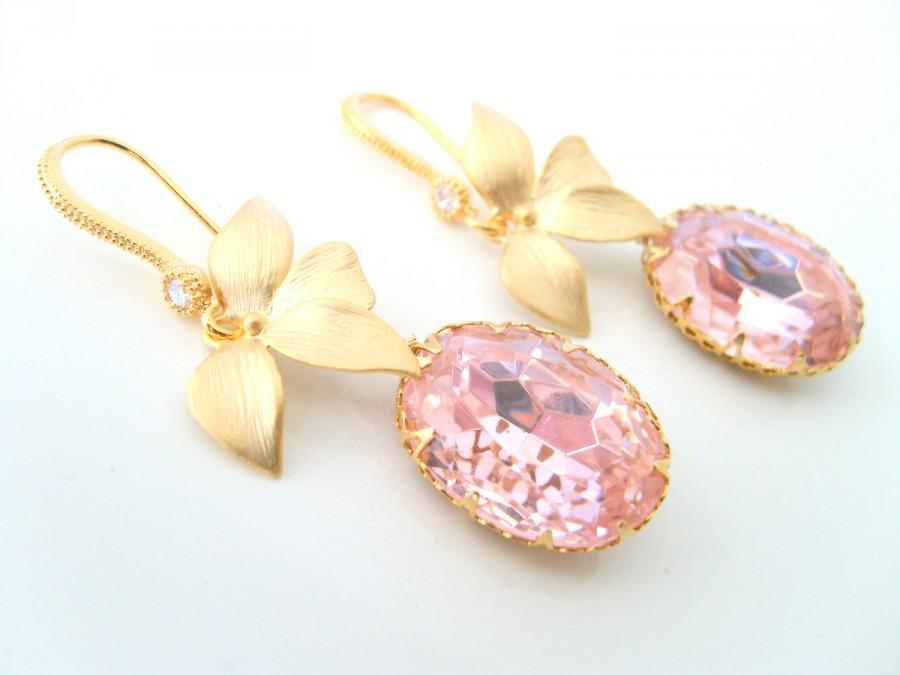 Wedding - Pale pink 18x13 swarovski oval crystal bezel framed earrings designed gold leaf and cz stone detail hook earwire wedding jewelry