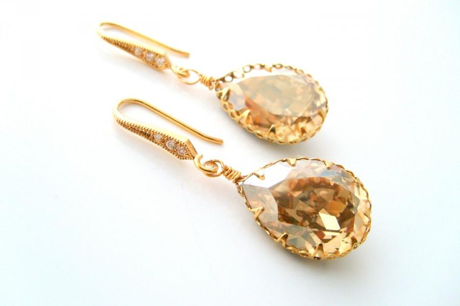 Wedding - Vintage inspired champagne swarovski crystal teardrop 16K gold vermeil over 925 sterling silver earrings wedding jewelry bridal earrings