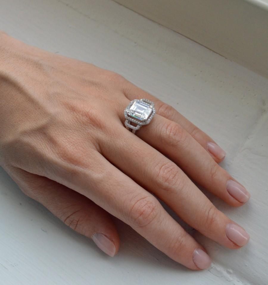 Wedding - Emerald Cut Engagement Ring - Prong Set Engagement Ring - Cubic Zirconia Promise Ring - Pave Halo - Silver Engagement Ring - Valentine's Day