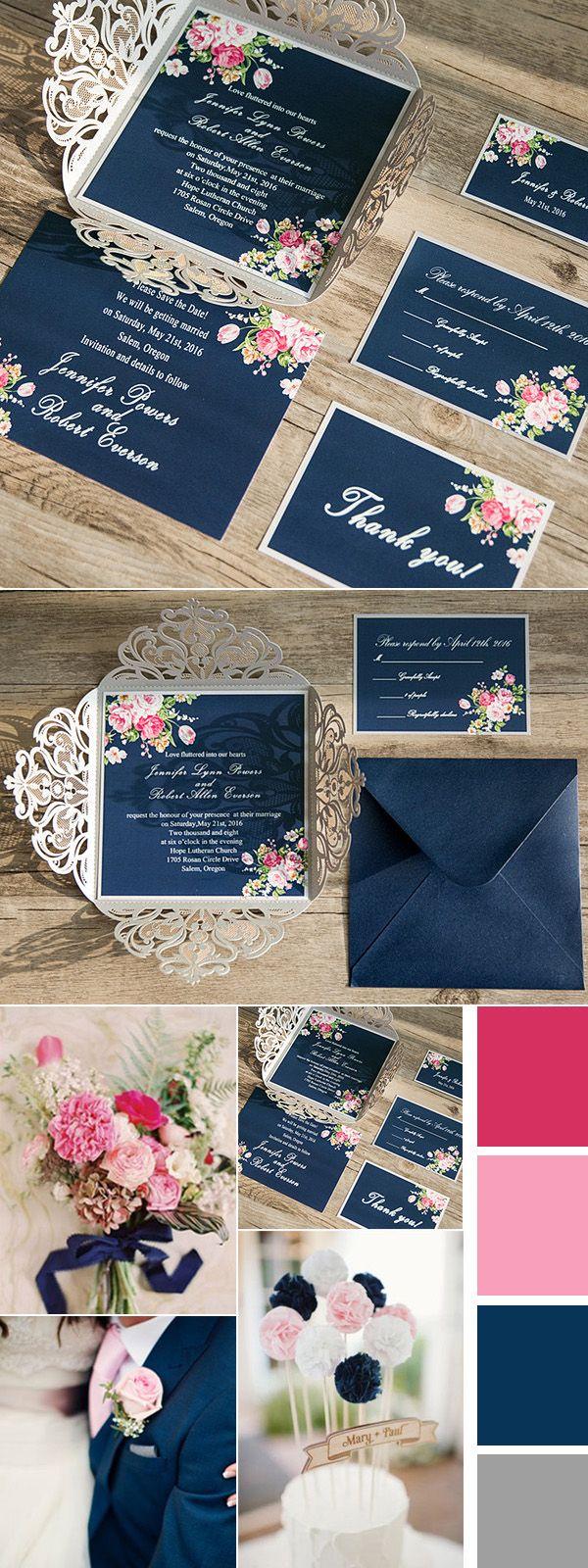 Wedding - Navy Blue Floral Silver Laser Cut Invitations EWWS090