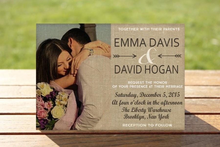 Свадьба - Photo Wedding Invitations, Burlap Wedding Invitations, Rustic Photo Wedding Invitations, Printable Rustic Wedding Invitation, DIY Invitation