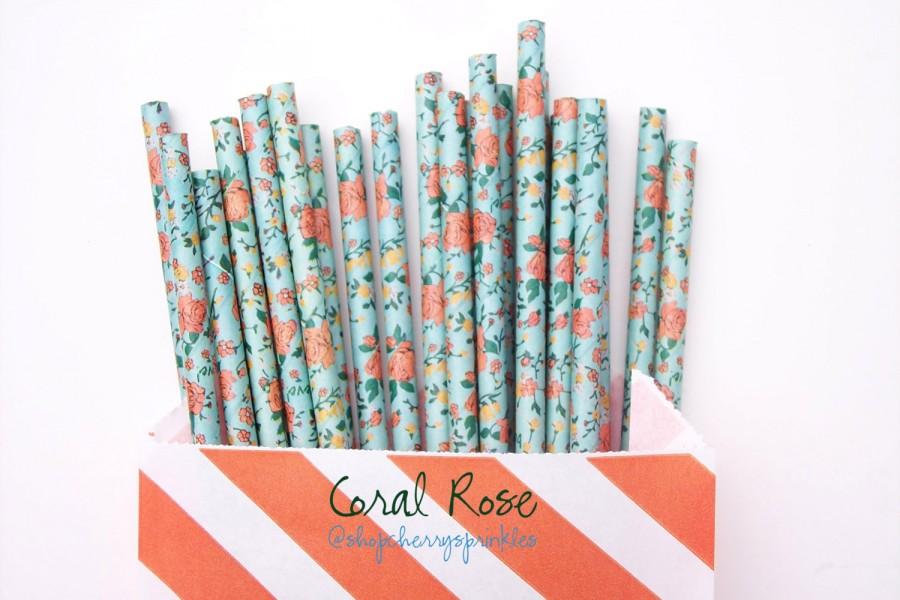 Hochzeit - CORAL ROSE straws *Coral straws *CORAL -Paper Straws -Flower straws -Floral Straws -Cake Pop Sticks *Wedding Decor *Straws *Mint Straws Blue