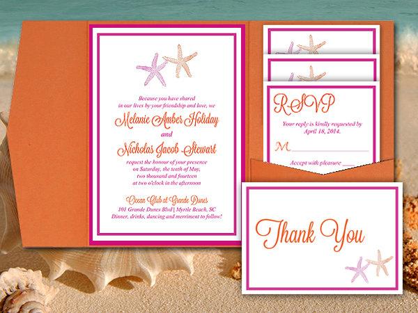 Свадьба - Starfish Wedding Pocketfold Template - Beach Wedding Invitation - Fuchsia Orange Invitation RSVP Accommodation Reception Thank You