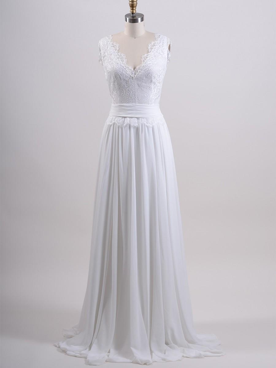 Wedding - Lace wedding dress, wedding dress, bridal gown, sleevelss V-back alencon lace with chiffon skirt.