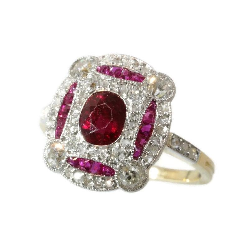 Wedding - Art Deco Ruby Diamond Ring Yellow Gold 18K Engagement Ring 1920s Jewelry