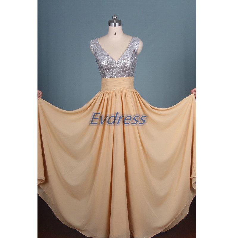 Wedding - 2016 Long champagne V-neck chiffon bridesmaid dress with silver sequins , hot long bridesmaid gowns , champagne women dresses for wedding .