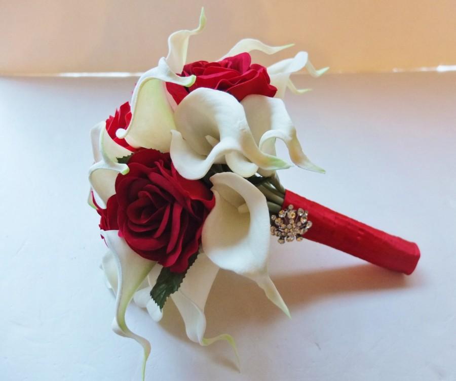 Wedding - Bridesmaid Bouquets, White Calla Lily and Red Roses bridesmaid bouquet, Bridal Bouquet, wedding bouquet