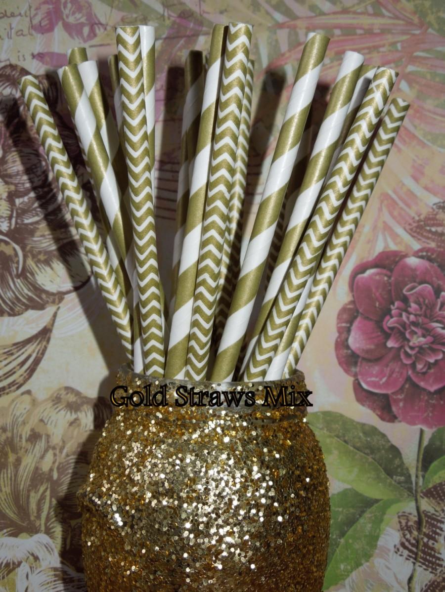 Свадьба - 50 Gold Paper Straws, Gold Stripe Chevron Drinking Straws,Party Drinking Straws,Gold Party,Rustic Wedding,40th Birthday,Gold Cupcake Toppers