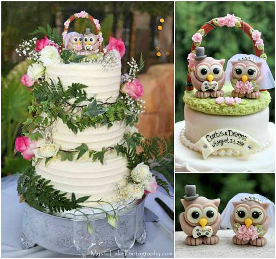 Wedding - Wedding owl cake topper with peony floral arc and grass base, pink wedding, game controller for groom