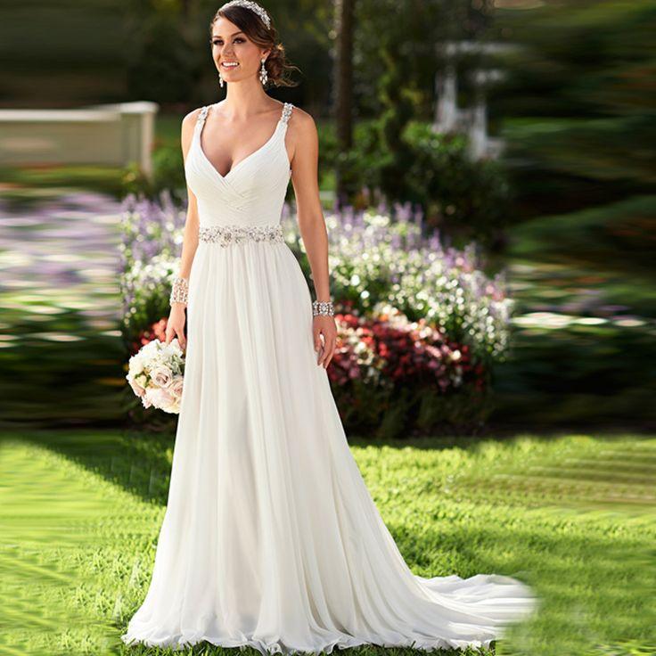 Hochzeit - V-Neck Sleeveless Long Pleat Crystals Beaded Chiffon A-Line Wedding Dress