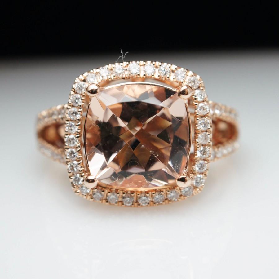 Свадьба - Cushion Morganite Diamond Halo Engagement Ring in 14k Rose Gold Morganite Engagement Ring Custom Ring Cocktail Ring Wedding Band