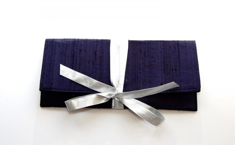 Wedding - Navy blue Clutch in silk with a silver bow // The ALEXIS Clutch // Slim formal envelope style clutch