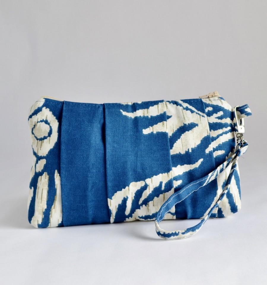 زفاف - Pleated Wristlet Pouch Clutch  Navy Blue Ivory Makeup Bag Bridesmaid Gift Cotton Bag