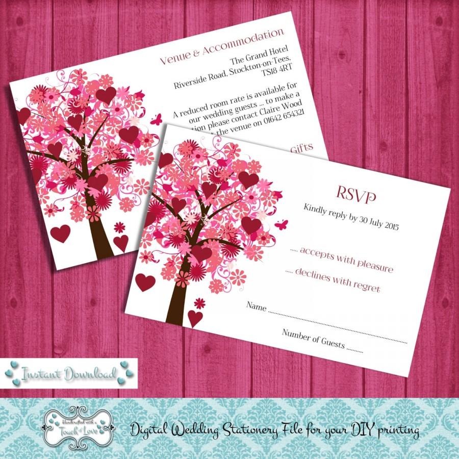 Wedding - Digital DIY Editable Wedding RSVP / Information Card, Printable, Template, Microsoft Word File, JPEG, Hearts Tree Instant Download