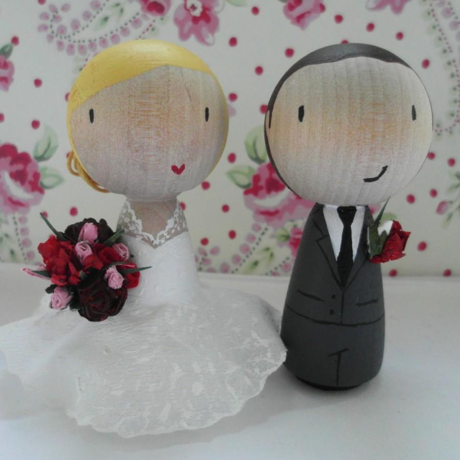 Hochzeit - Personalised Wedding Bride and Groom Cake Toppers - Custom Hand painted wooden dolls.