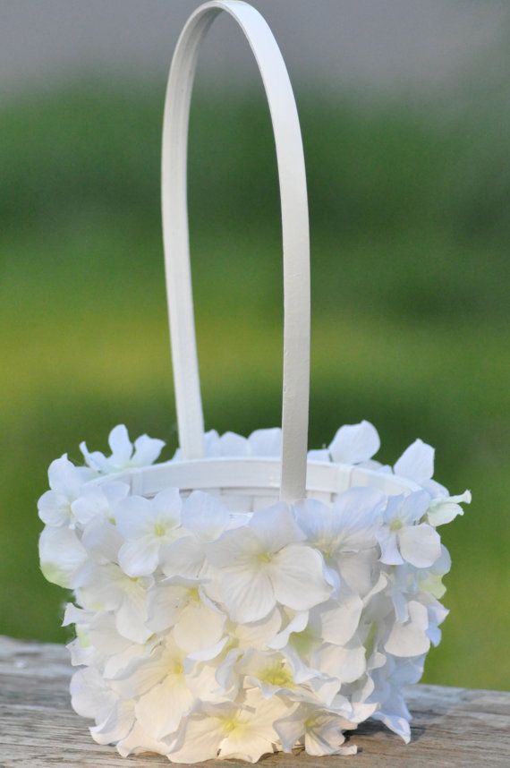 Mariage - Beautiful White Hydrangea Flower Girl Basket