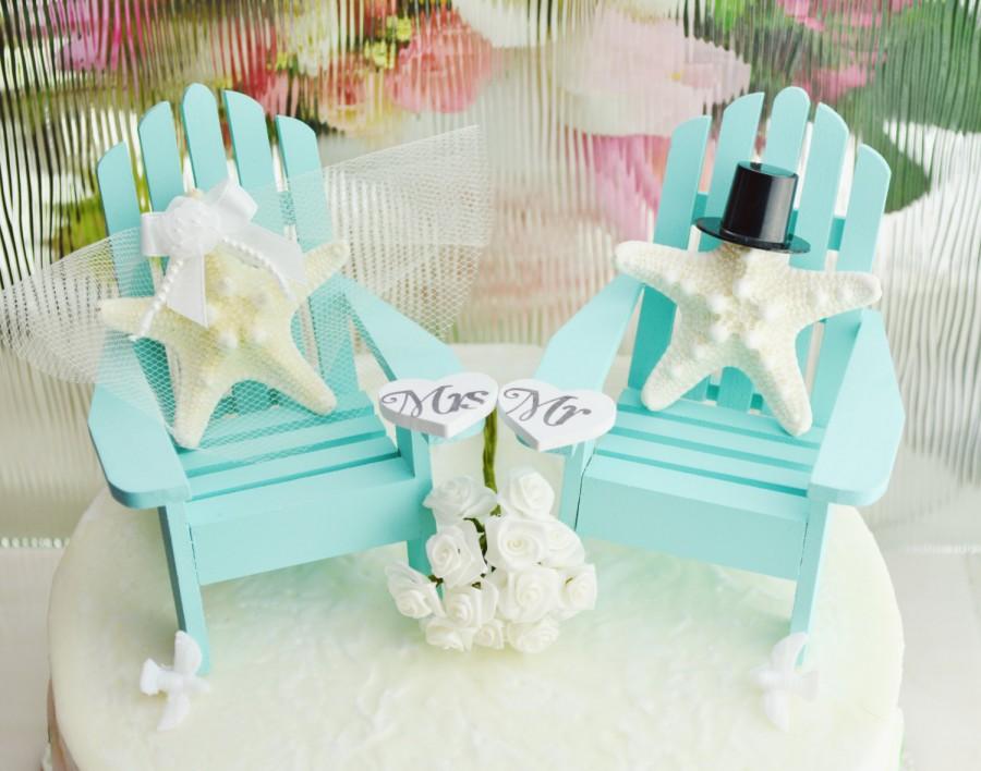 زفاف - Wedding Cake Topper ~ Robin's Egg Blue ~ Miniature Adirondack Chairs  ~ Knobby Starfish Bride/Groom ~ Beach Wedding Decor ~ Cake Topper