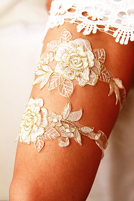 Hochzeit - Bridal Gold Ivory Embroidery Lace Bridal Garter Set - Wedding Garters - Keepsake Garter Toss Garter Set