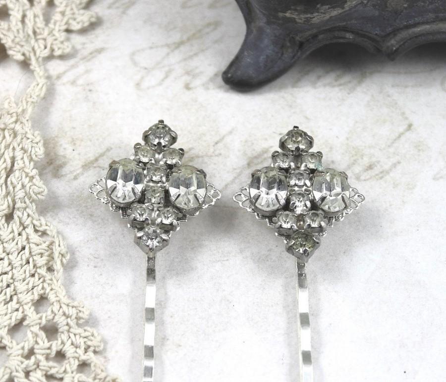 Hochzeit - Vintage Jeweled Bridal Hair Pins, Clear Rhinestone Bridal Hair Pins, Heirloom Bridal Hair Pins, Vintage Gatsby Bridal Hair Pins