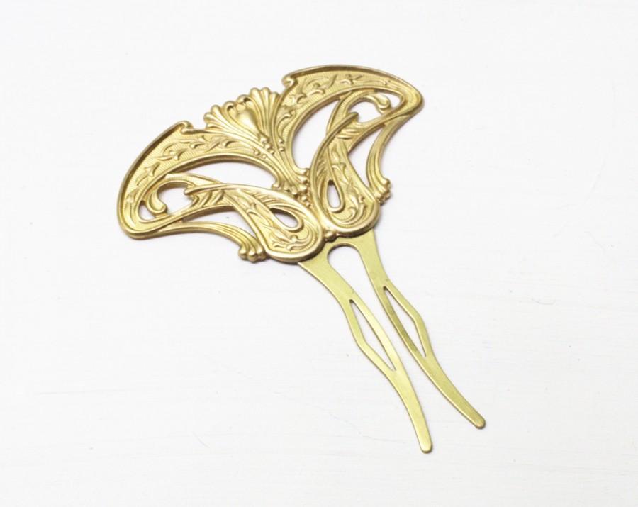 Mariage - Art nouveau hair comb bridal fork brass floral vintage 1920's style elegant golden wedding hair