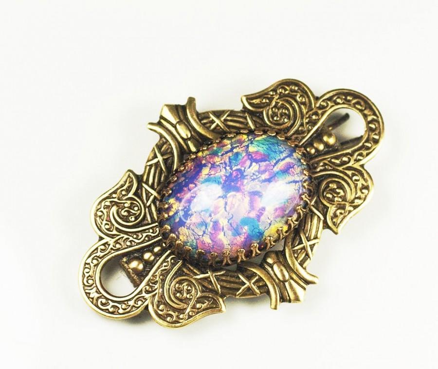 Свадьба - Victorian opal barrette hair clip filigree brass vintage glass bridal wedding hair jewelry