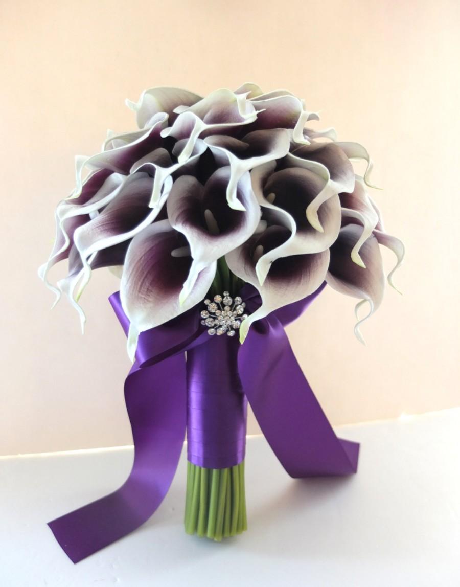 Hochzeit - White & Plum/Purple Calla Lily bouquet, Bridal Bouquet, wedding bouquet, **bridesmaid bouquet