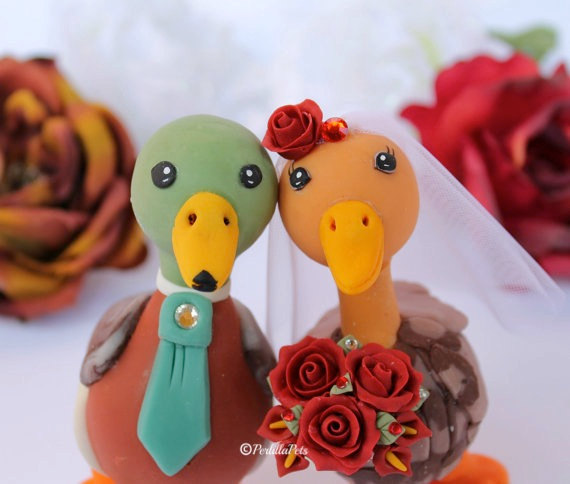 Wedding - Love bird wedding cake topper Mallard duck with banner - more than 4 inches tall