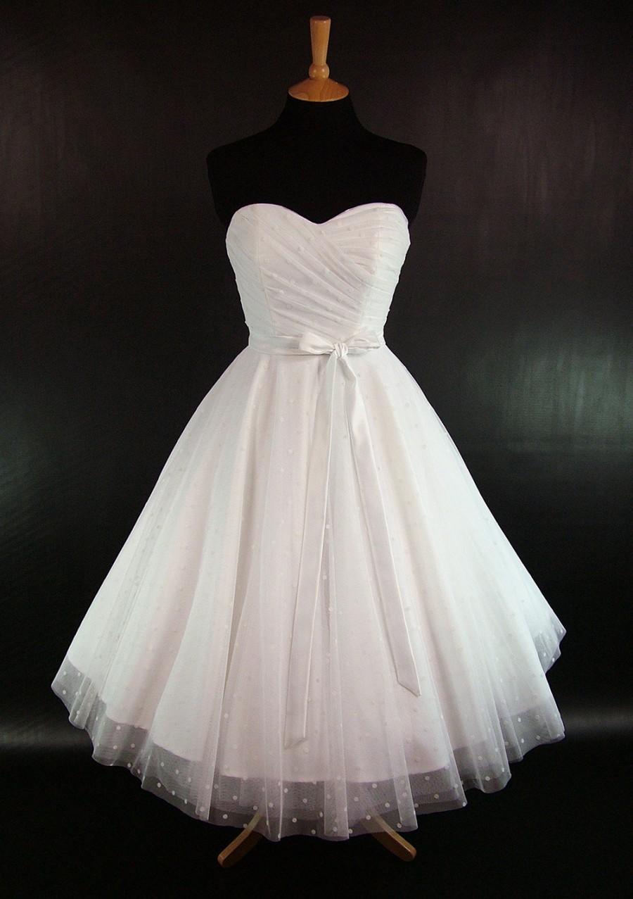 Hochzeit - Made To Measure Fairytale White Duchess Satin & Polka Dot Lace Full Circle Skirt Wedding Dress - Detachable Straps and Sash