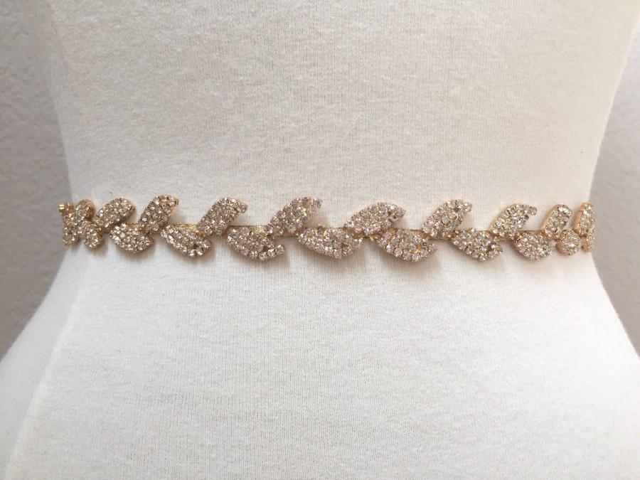 Hochzeit - Thin Gold Leaf Crystal Rhinestone Belt -  Gold Bridal Belt or Gold Bridesmaids Belt - Boho Bridal Accessory- Gold Leaf Belt -  EYM B025