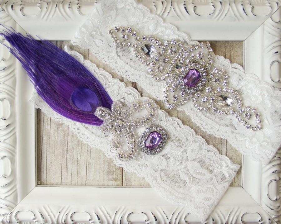 Hochzeit - NEW! Lace Wedding Garter - Vintage Garter Set w/ Purple Peacock Feather, Rhinestones and "Tanzanite." Wedding Garter Set, Crystal Garter Set