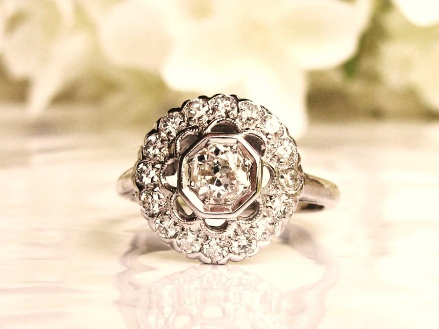 زفاف - Antique Engagement Ring Old European Cut Diamond 0.81ctw Diamond Halo Engagement Ring 14K White Gold Daisy Diamond Wedding Ring & Appraisal!