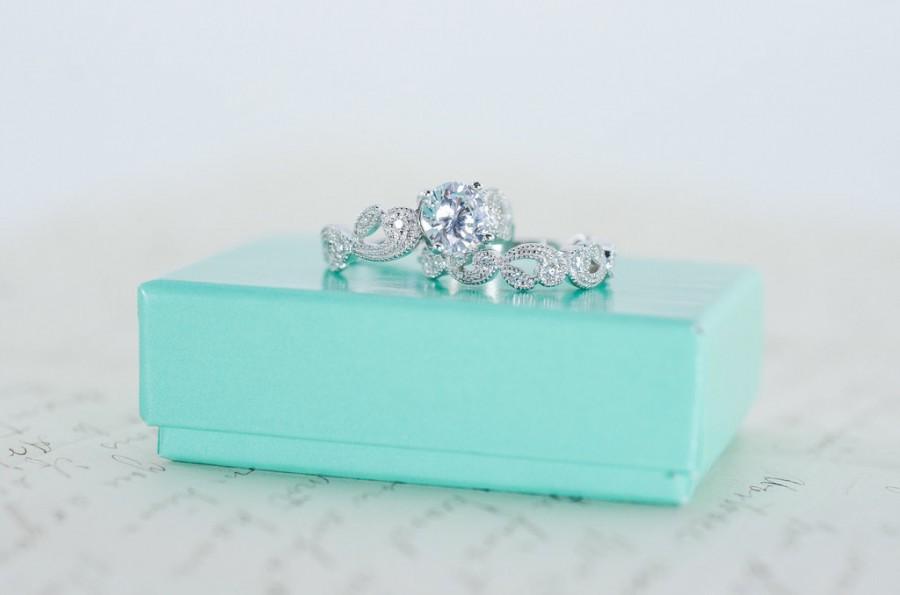 Wedding - Leaf & Vine Engagement Ring - Floral Scroll Ring - Art Deco Ring - Wedding Ring Set - Round Cut Ring - Milgrain Ring - Sterling Silver