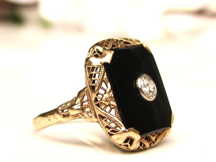 Wedding - Antique Edwardian Onyx & Diamond Ring 0.20ct European Cut Diamond Antique Engagement Ring 10K Gold Filigree Antique Diamond Wedding Ring!