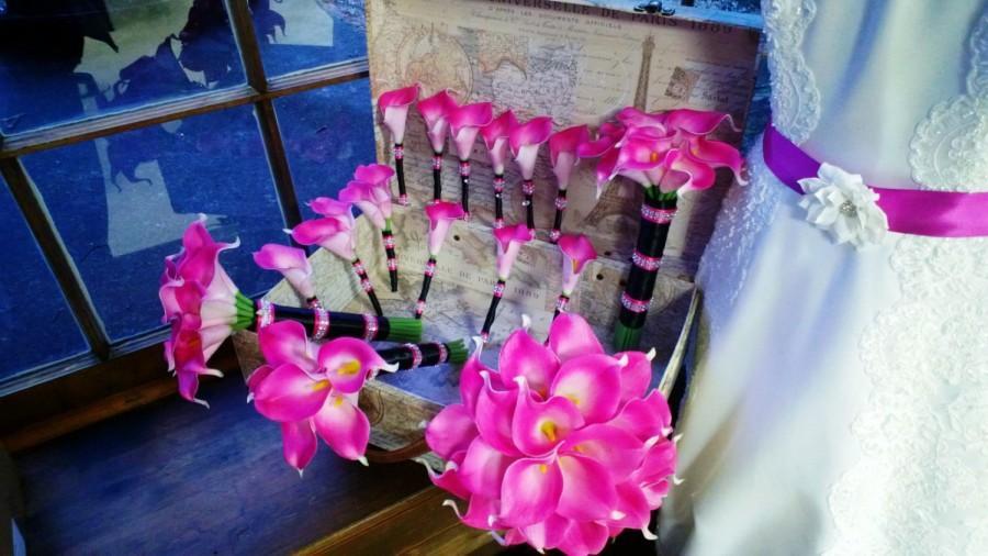 زفاف - 17 Piece Real Touch Hot Pink Calla Lily Bridal Bouquet Wedding Bouquet Set, Hot Pink Bouquet Calla Lily Bouquet Pink Black Bouquet