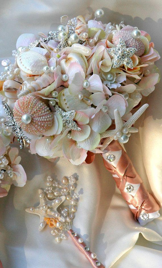 Hochzeit - Pink Sea Shell Wedding Bouquet, Blush Bridal Bouquet, Bridal Brooch Bouquet.Seashell Bouquet