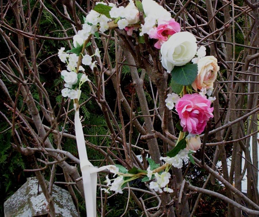 زفاف - 2016 Wedding Trends Flower Crown Barn Wedding bridal Hair Wreath accessories  -Victoria- pink peach cottage floral headband halo garland