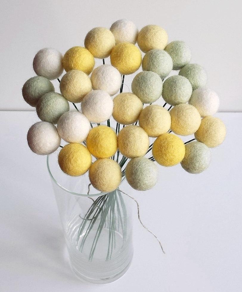Hochzeit - Pastel Felt ball flower bouquet, yellow green bridal bouquet, wool craspedia, felt billy buttons, felt flower bouquet, pastel nursery decor