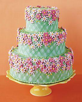 Hochzeit - Green Gingham Wedding Cake With Flowers