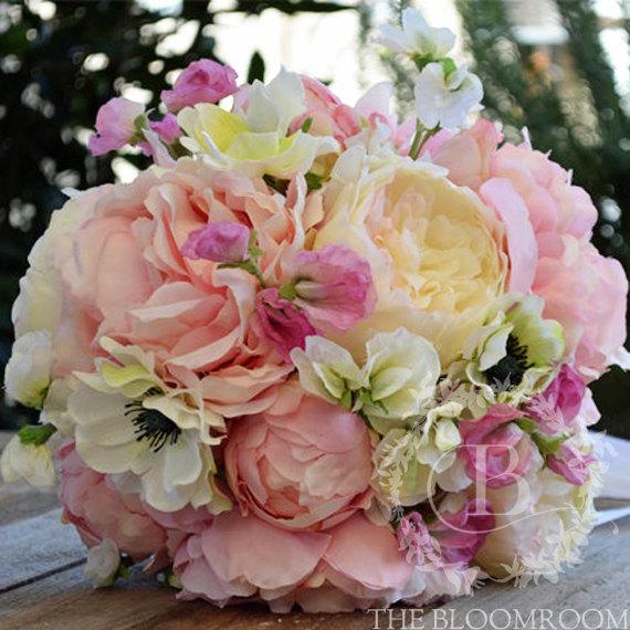 Hochzeit - Bridal bouquet, silk flowers, handmade, pink peony, white cabbage rose, white anemone, pink sweet pea, silk bridal bouquet 'Annie'