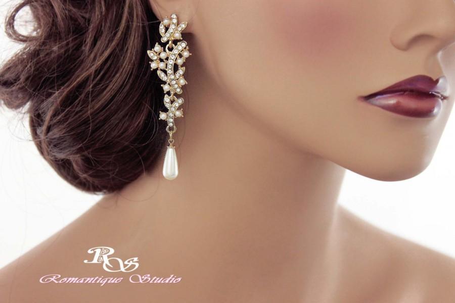 زفاف - Gold pearl and crystal earrings, bridal chandelier earrings, ivory pearl wedding earrings, pearl rhinestone bridal jewelry accessories- 1197