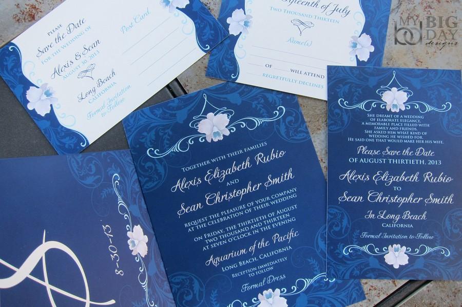 زفاف - Elegant Orchid Wedding Invitation Suite. Navy blue wedding invitations. Orchid themed wedding invitations