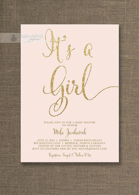 Hochzeit - Blush Pink & Gold Baby Shower Invitation It's A Girl Glitter Pastel Script Modern Shabby Chic FREE PRIORITY SHIPPING Or DiY Printable - Mila