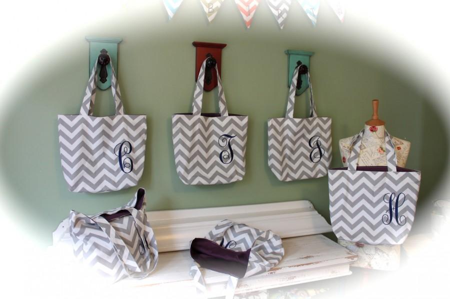 زفاف - Set of 6 Monogrammed Tote Bags for Bridesmaids Bridesmaid Wedding Shower Gifts Gift Custom Chevron