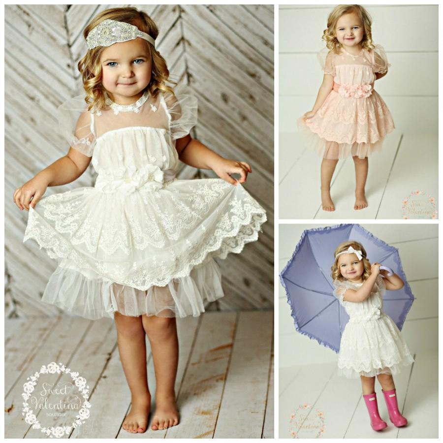 Hochzeit - Girls dress, lace flower girl dress, girls lace dress, white lace dress, rustic flower girl dress, birthday dress,Easter dress, Pink dress