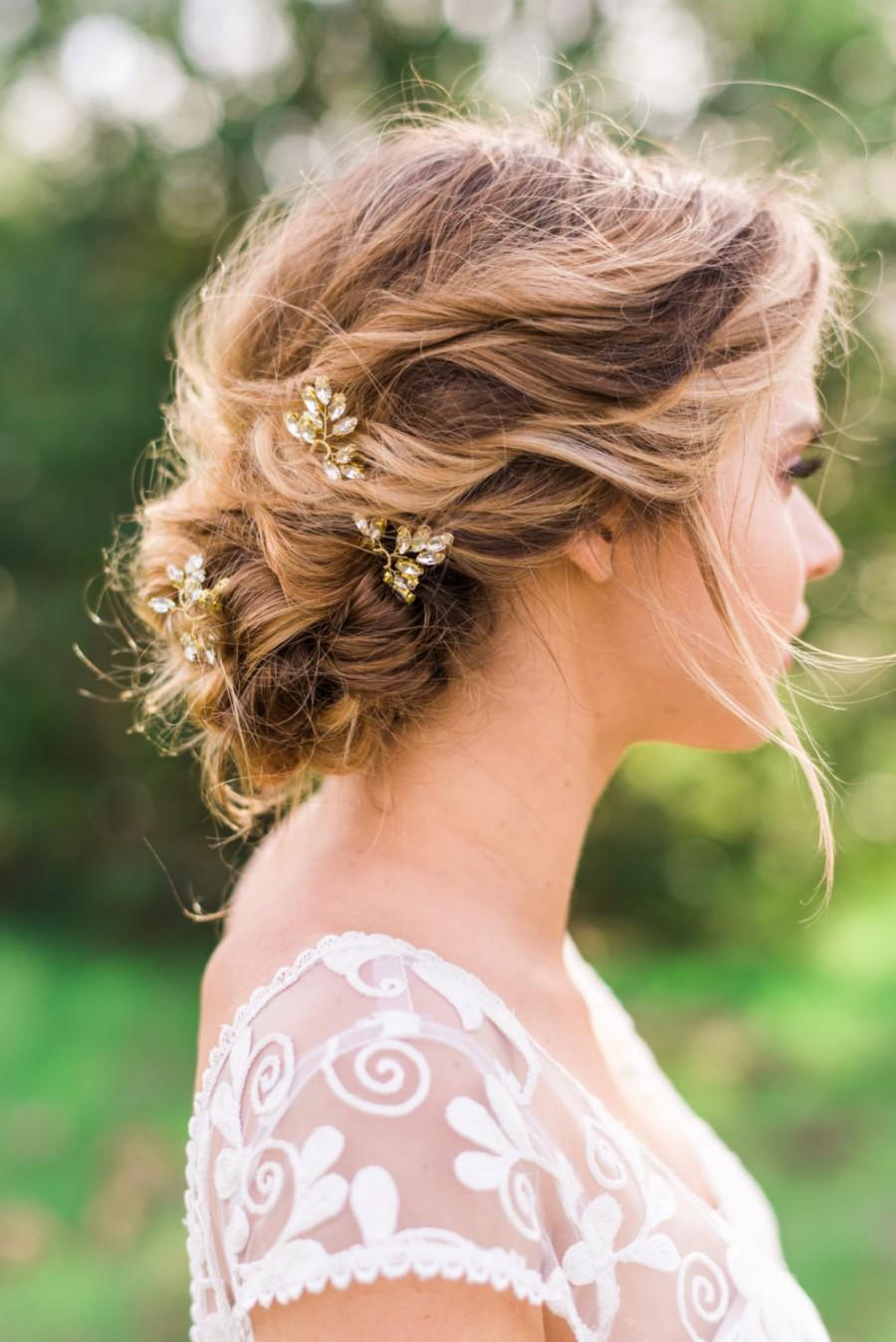 Свадьба - Set of 3 Crystal Hair pin Bridal hair pin crystal hair pins branch pins wedding hair pins leaf hair pins leaf hair pins gold leaf #139