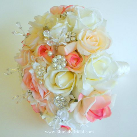 Hochzeit - Real Touch Rose and Brooch Bridal Bouquet in Ivory, Peach and Blush   Style-Vinnci