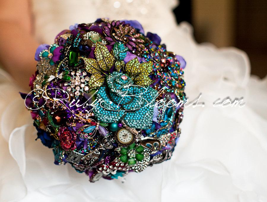 Royal Purple Wedding Brooch Bouquet. Deposit "Alice In Wonderland Emerald Green And Royal Purple Wedding
