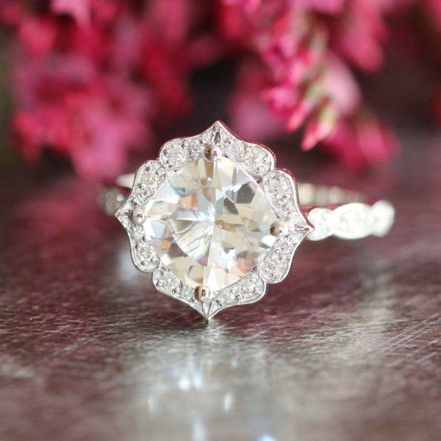 Hochzeit - White Topaz Diamond Engagement Ring in 14k White Gold Vintage Floral Scalloped Diamond Wedding Band 8x8mm Cushion Gemstone Ring