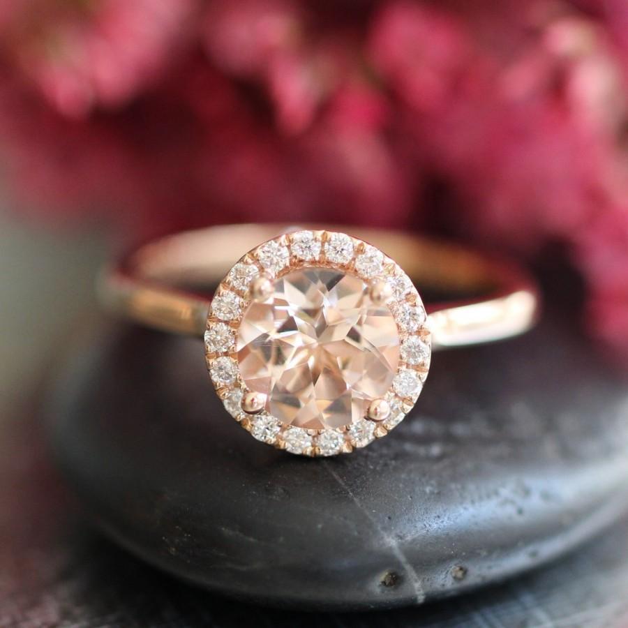 Wedding - Rose Gold Morganite Ring Diamond Halo Engagement Ring in 14k Gold 7mm Pink Peach Morganie Wedding Ring (Bridal Wedding Set Available)